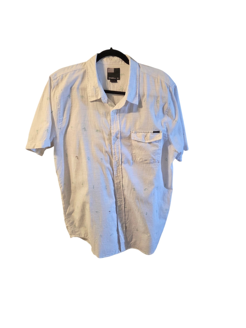 O'Neill 100% Cotton White Short-Sleeve Button-Down with Tiny Blue Motifs - Picture 2 of 8